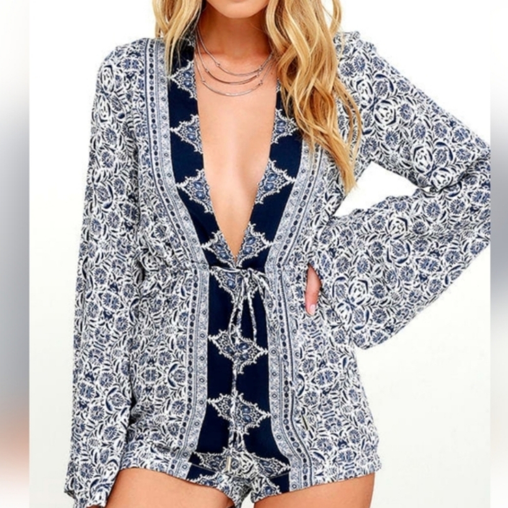 Elegant Blue and White Women's Bell Sleeve Romper